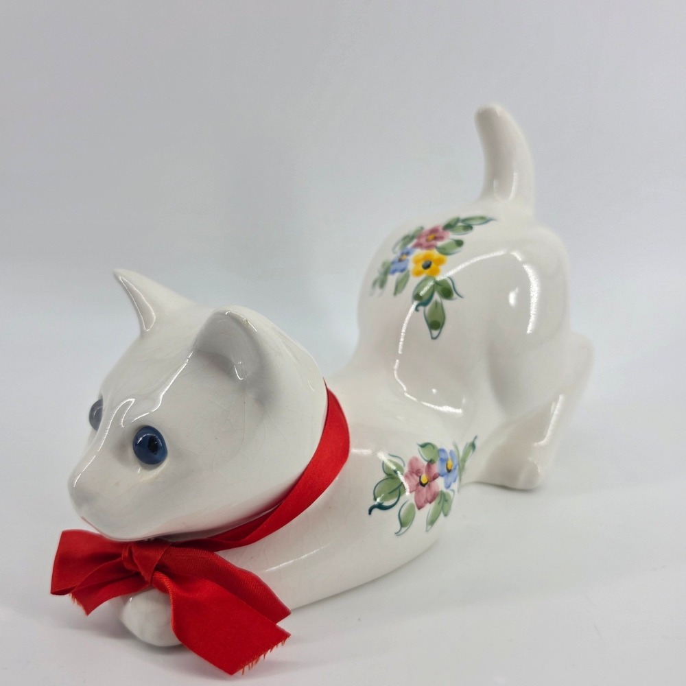 Vintage ELPA Alcobaca Portugal Ceramic Cat Figurine 10.5 Hand Painted Blue Eyes